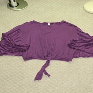 Emerald Women's Small Oversized Cropped Tie Front Purple Balloon Sleeve Blouse